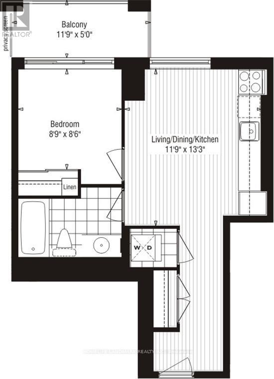A black and white image of a floor plan for a small apartment.