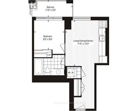 A black and white image of a floor plan for a small apartment.