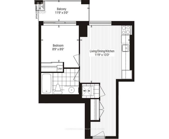 A black and white image of a floor plan for a small apartment.