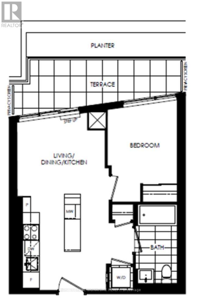 A black and white floor plan of a house with a living room, dining room, kitchen, bedroom, bathroom, and terrace.