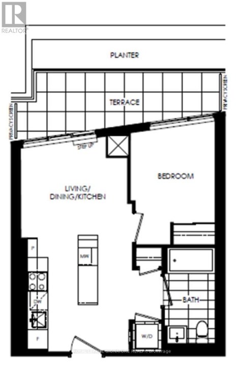 A black and white floor plan of a house with a living room, dining room, kitchen, bedroom, bathroom, and terrace.