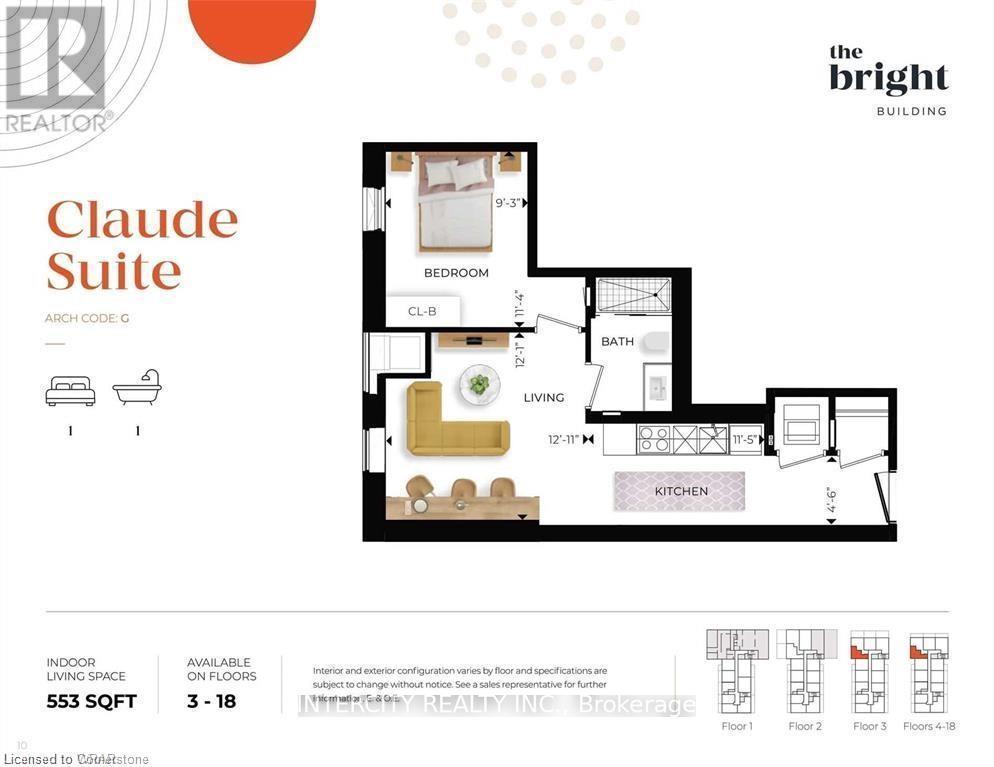 A floor plan for a suite at The Bright Building shows a bedroom, living room, kitchen, and bathroom.