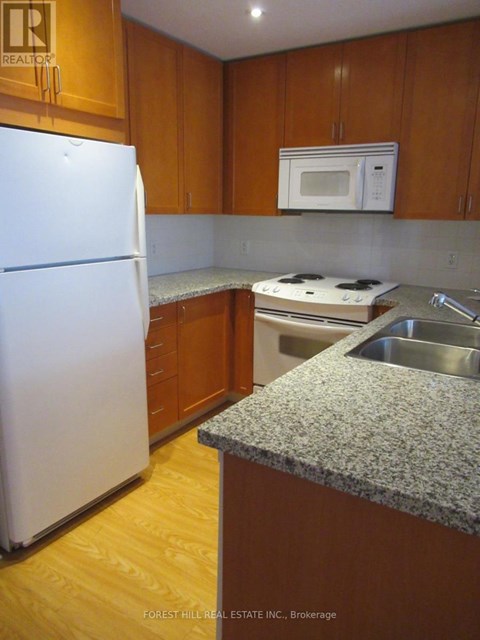 A kitchen with a white fridge and a white microwave above the stove.