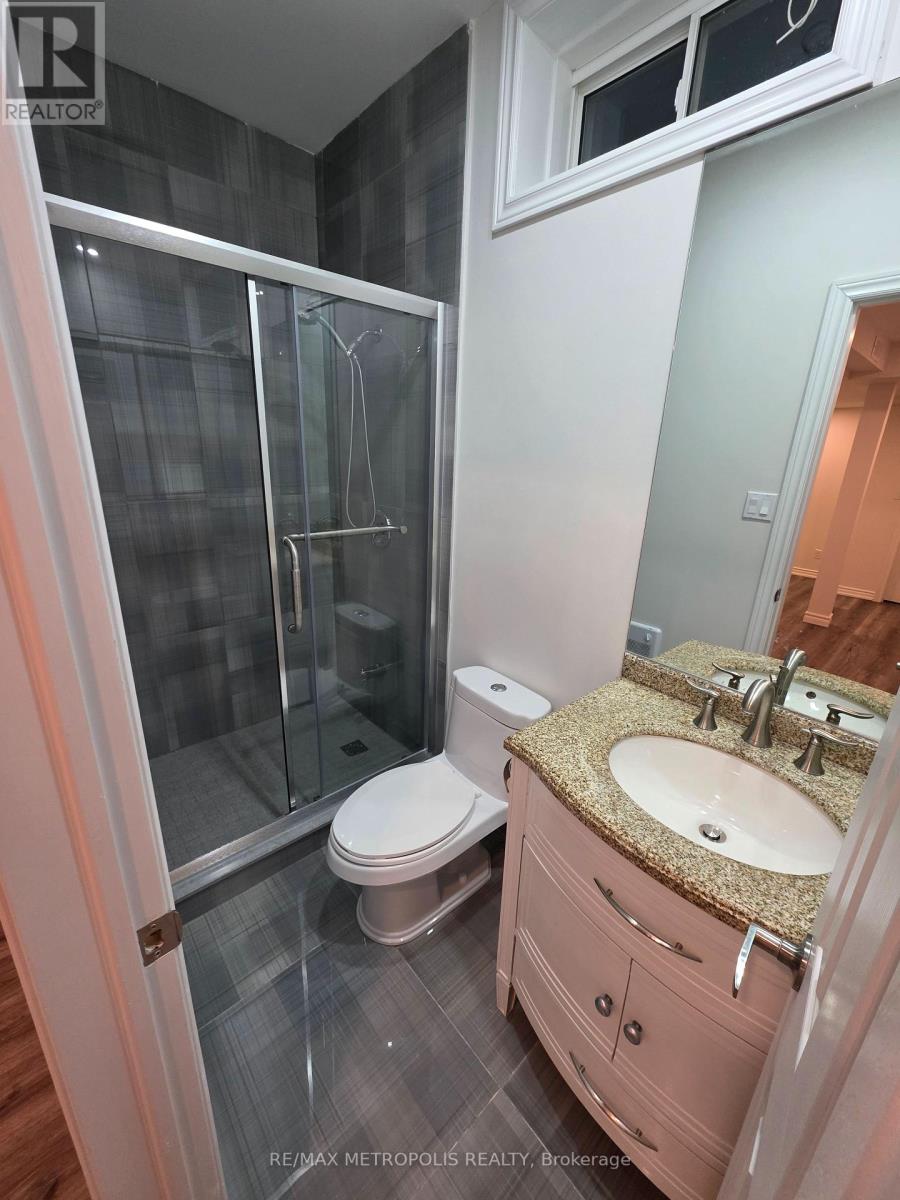 A bathroom with a walk-in shower, toilet, and sink.