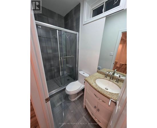 A bathroom with a walk-in shower, toilet, and sink.