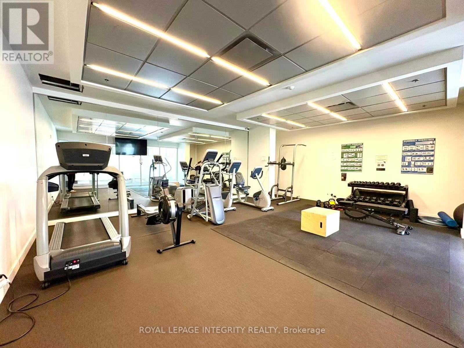A gym with a treadmill, weights, and exercise equipment.