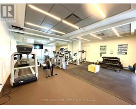 A gym with a treadmill, weights, and exercise equipment.