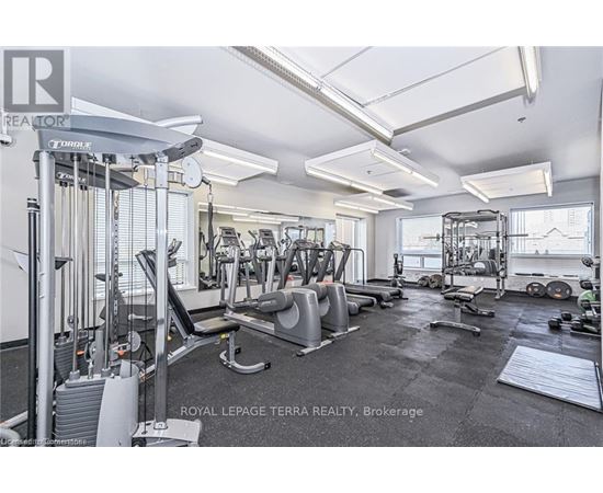 A well-equipped gym with various exercise machines and weights.