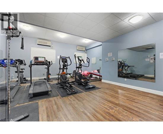 A gym with treadmills, exercise bikes, and other equipment.