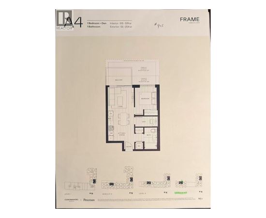 A framed drawing of a floor plan for a property with a kitchen, living room, and bathrooms.