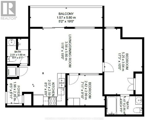 A black and white image of a floor plan for a house with a balcony, living room, dining room, kitchen, and two bedrooms.