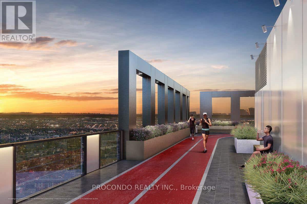 A modern rooftop terrace with people enjoying the view at sunset.