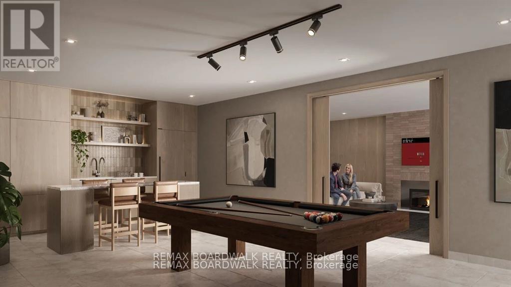 A modern living room with a pool table and a bar area.