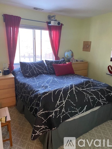 A bedroom with a bed covered in a black and white patterned sheet and red pillows.