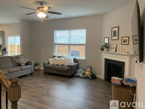 A living room with a grey couch, a fireplace, and a ceiling fan.