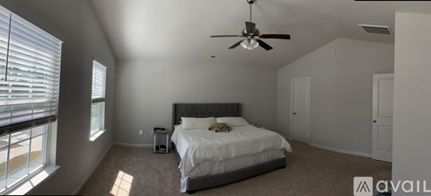 A bedroom with a bed, a ceiling fan, and a window with blinds.