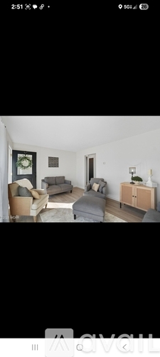 A living room with a grey sofa and a wooden cabinet.