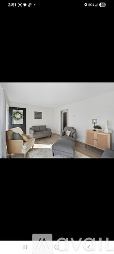 A living room with a grey sofa and a wooden cabinet.