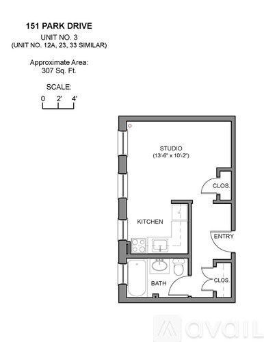 A floor plan for a studio apartment at 151 Park Drive.