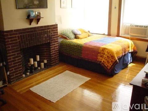 A bedroom with a bed, a fireplace, and a rug on the floor.