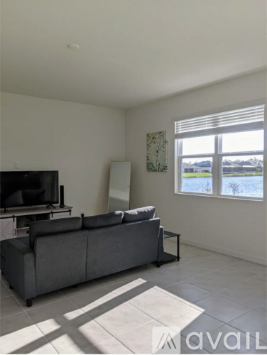 A living room with a grey couch and a television.
