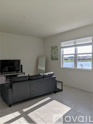 A living room with a grey couch and a television.
