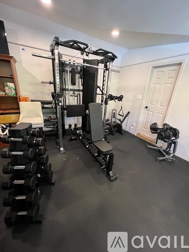 A home gym with a squat rack, dumbbells, and a bench.