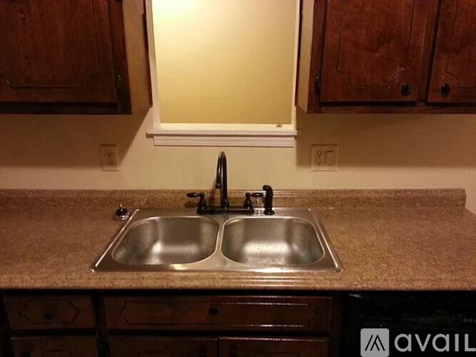 A kitchen with a double sink and brown cabinets.