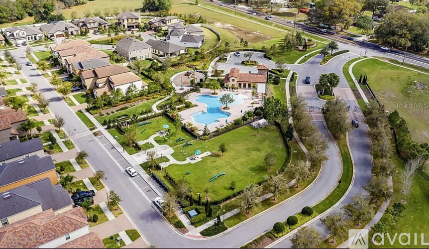 A bird's eye view of a residential area with houses, roads, and a swimming pool.