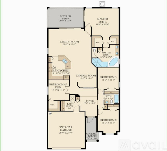 A floor plan of a house with a two-car garage and four bedrooms.