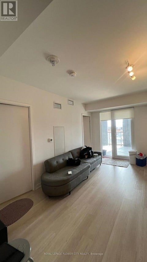 A living room with a grey sofa and wooden flooring.