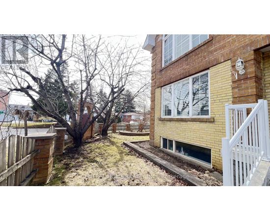 A small tree is in front of a brick building.