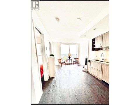 A realtor is showing a modern kitchen and living room.