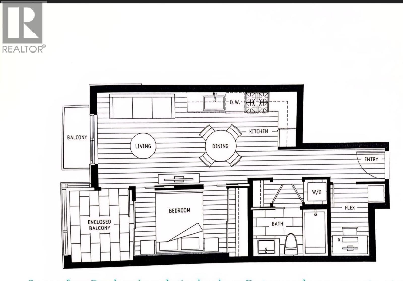 A black and white floor plan of a house with a balcony, kitchen, dining area, living room, bathroom, bedroom, and entry.