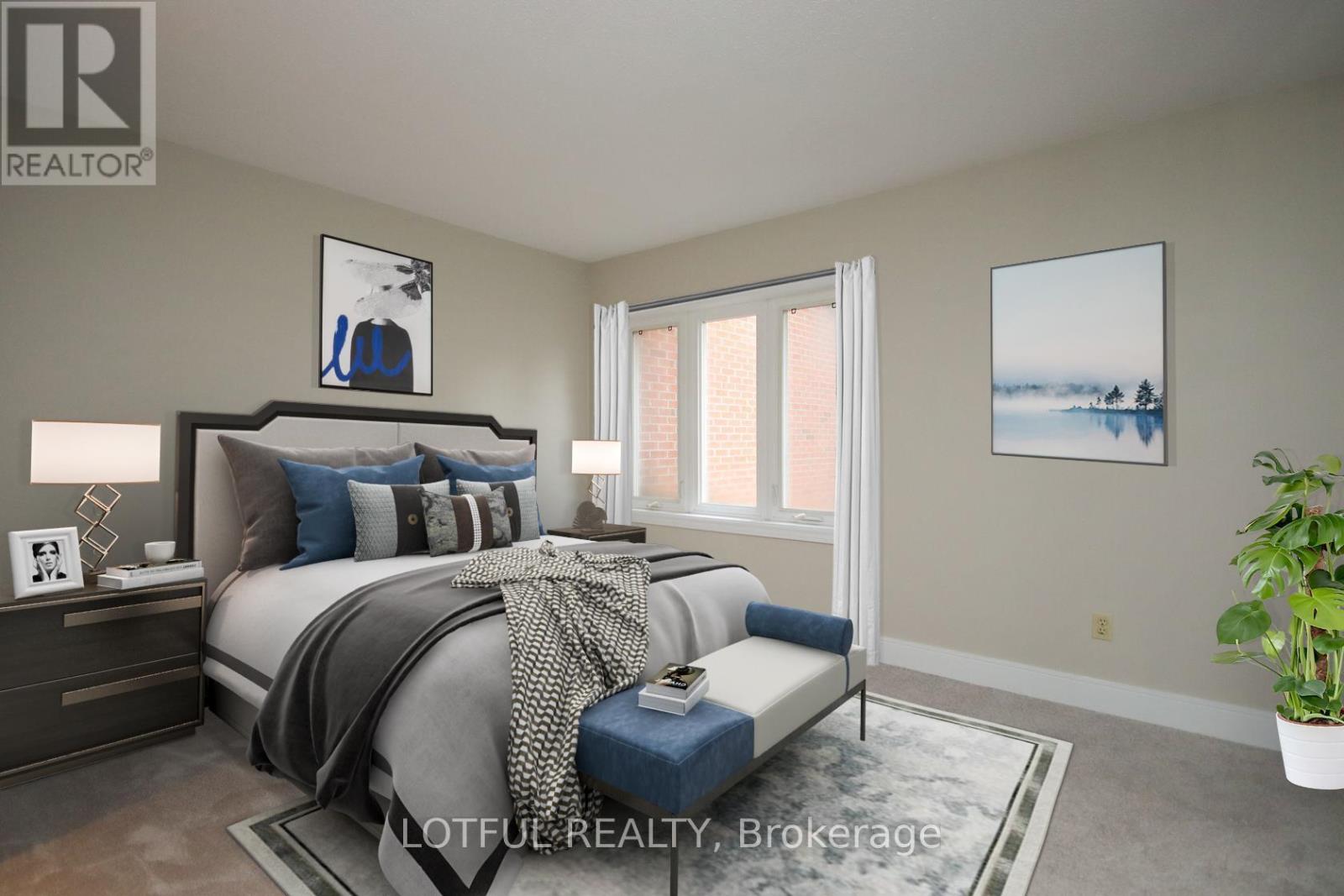 A bedroom with a large bed and a blue chair.