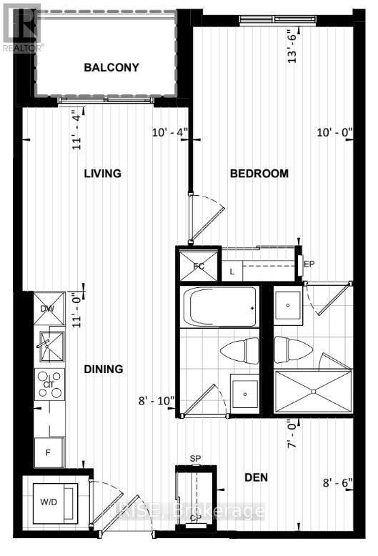 A black and white image of a floor plan for a home with a balcony, living room, dining room, den, and bedroom.