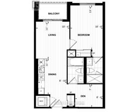 A black and white image of a floor plan for a home with a balcony, living room, dining room, den, and bedroom.