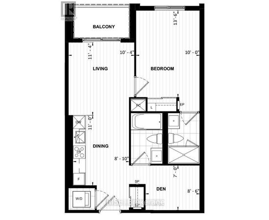 A black and white image of a floor plan for a home with a balcony, living room, dining room, den, and bedroom.