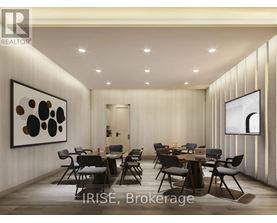 A modern dining room with a large table and chairs.