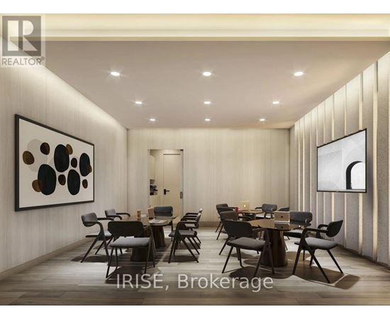 A modern dining room with a large table and chairs.