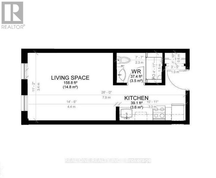 A floor plan for a living space and kitchen area with dimensions.