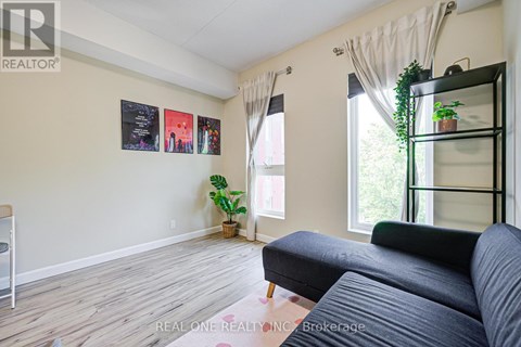 A living room with a grey couch and a plant on a shelf.