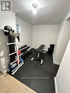A gym room with a bench, weights, and a barbell.