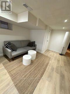 A living room with a grey couch and a brown rug.