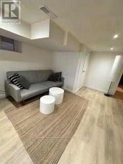 A living room with a grey couch and a brown rug.