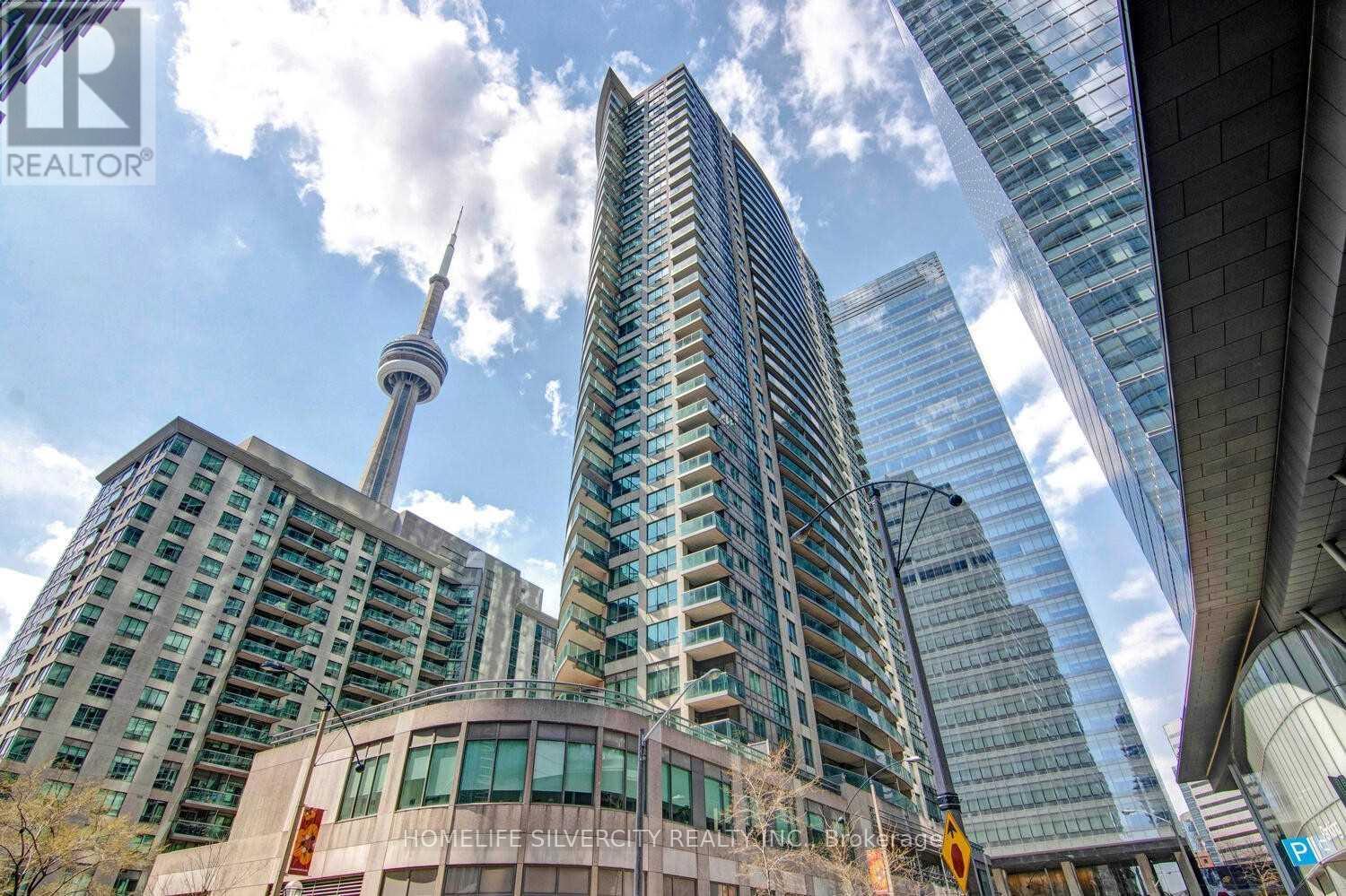 A cityscape with tall buildings and a clear sky.