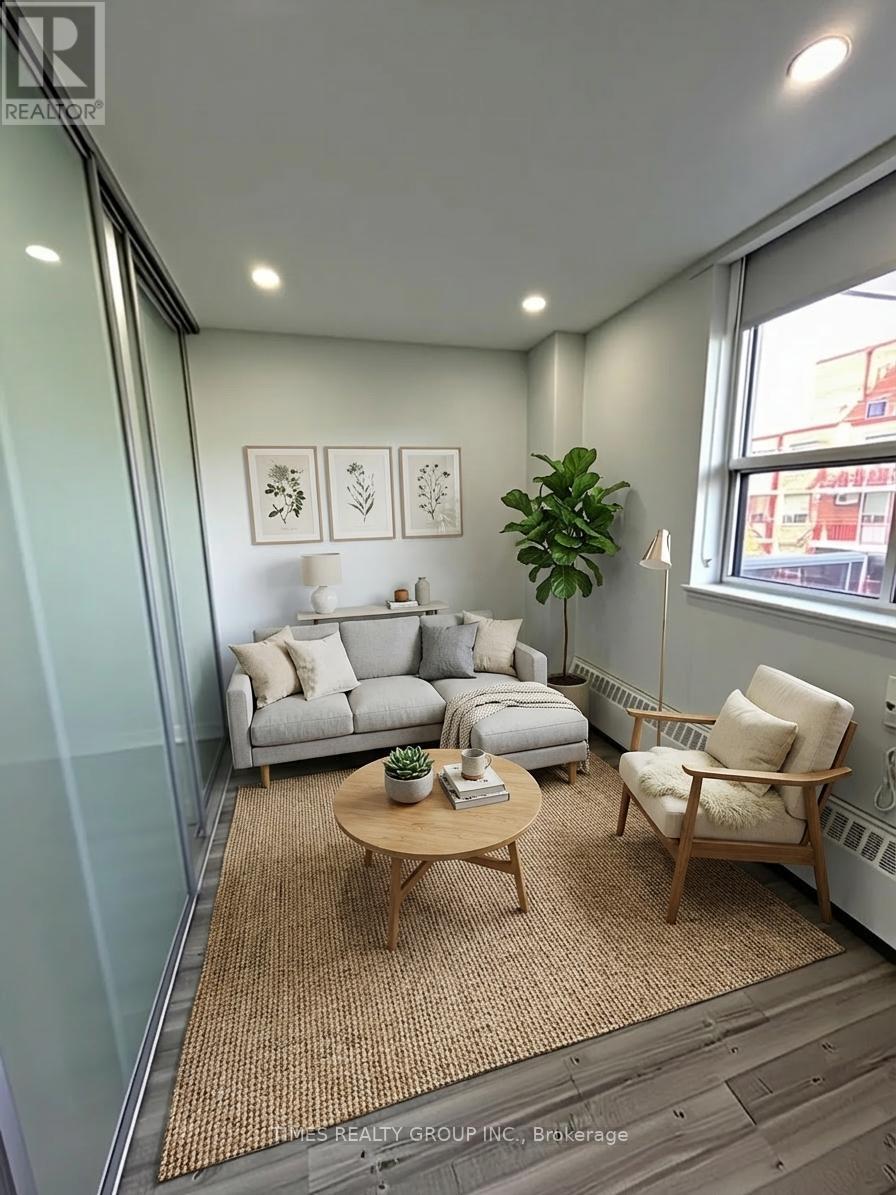 A living room with a grey couch, a wooden coffee table, and a green plant.