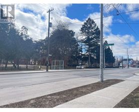 A street view with a sidewalk, trees, and a fence.