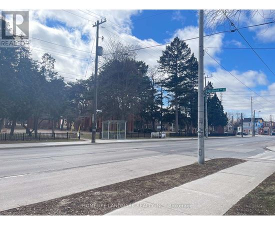 A street view with a sidewalk, trees, and a fence.