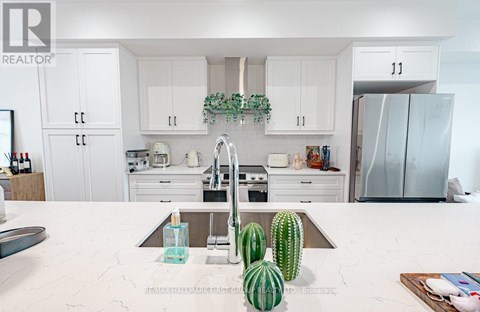 A white kitchen with a marble counter top and a cactus on it.